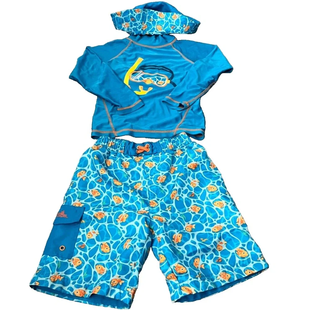 UV Skinz Boys Matching Snorkle Rash Guard Top, Fish Swim Trunks & Hat Size 7